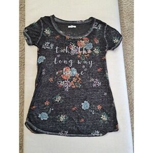 Take The Long Way Home Floral Burnout Graphic Tee Charcoal Gray Scoop Neck Top